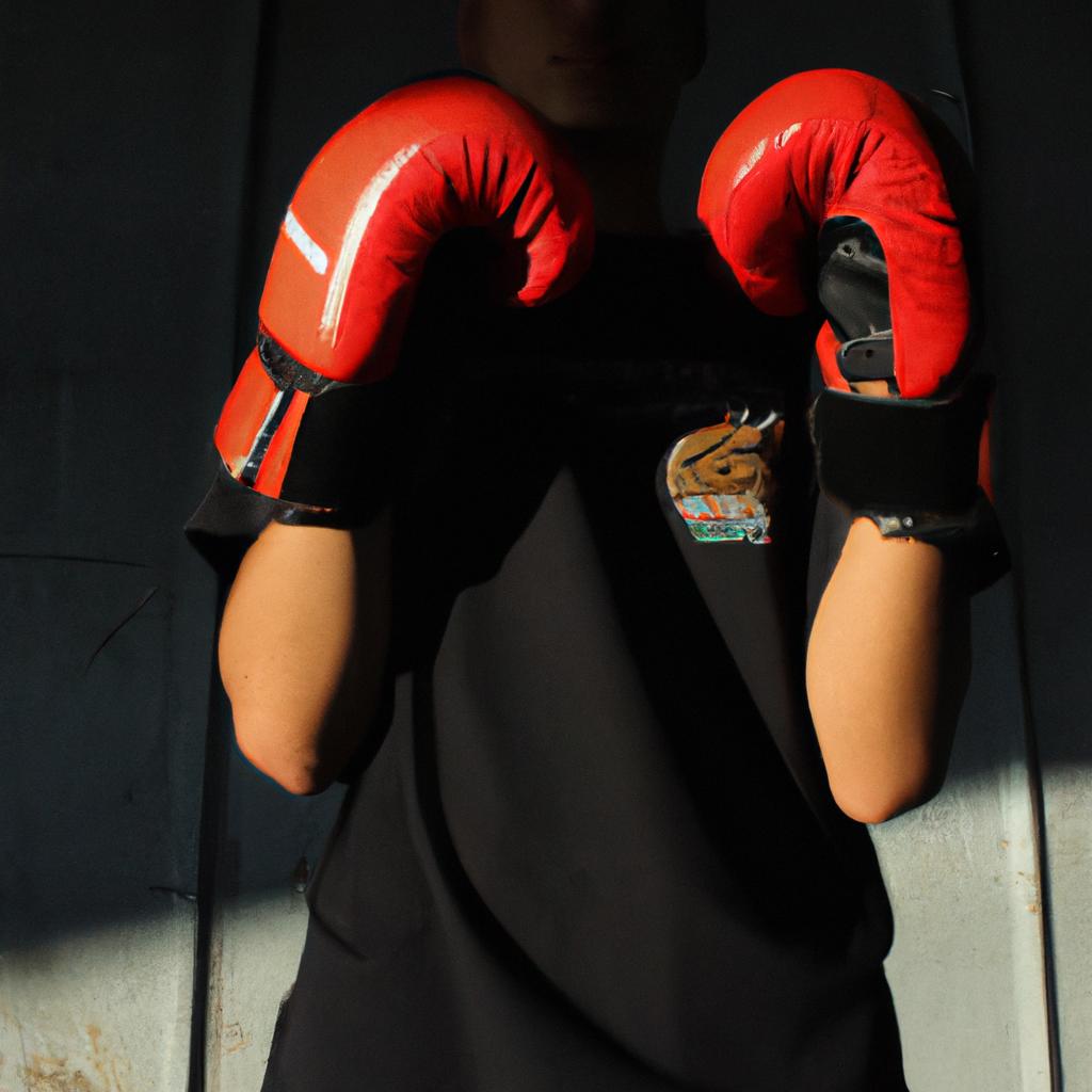 Person wearing boxing gloves, observing